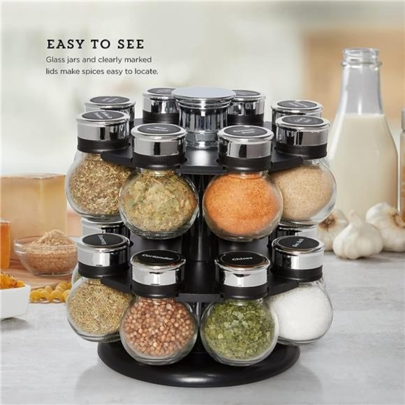 16 Jar Ellington Revolving Countertop Spice Rack with Lift & Pour Caps & Spices - Picture 2 of 6